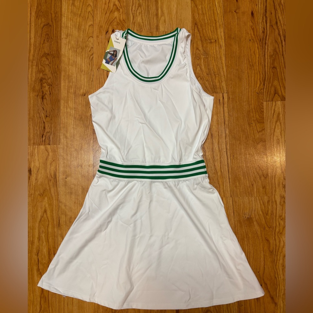 HALARA White Mini Dress with Green Stripe Trim